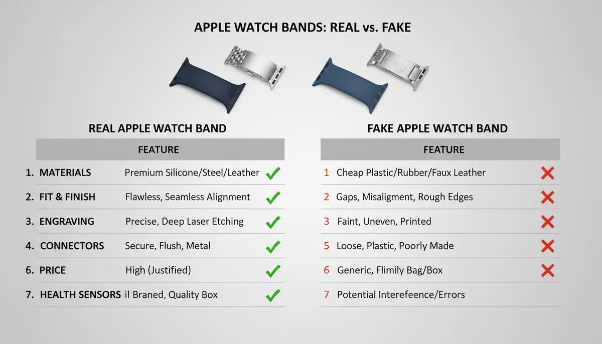 A visual comparison table showing features of real vs. fake Apple Watch bands, with checkmarks and crosses, presented in an infographic style., high-quality photography, professional lighting, sharp focus, realistic, detailed