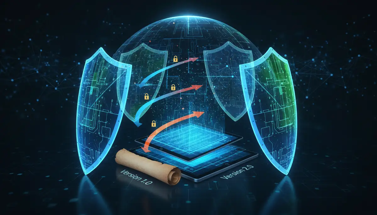 A visual metaphor depicting data security and version control: layered digital shields protecting documents, with arrows showing document evolution.