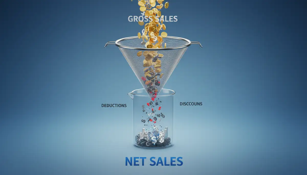 A visual metaphor of a sieve or filter, where 'gross sales' enters at the top and 'deductions' are shown falling through, leaving 'net sales' collected at the bottom. Clean, conceptual design.