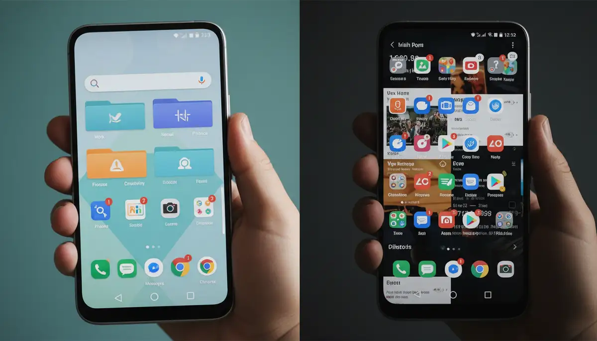 A visual metaphor of a well-organized digital space on an Android phone, contrasting with a cluttered one, representing efficient app management., high-quality photography, professional lighting, sharp focus, realistic, detailed