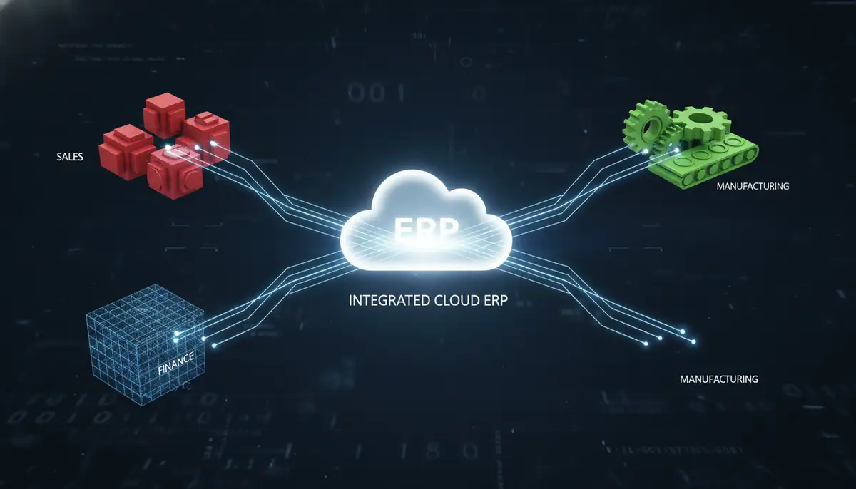 A visual metaphor showing different business departments (sales, finance, manufacturing) seamlessly connected by digital lines, all converging into a central cloud icon, illustrating integrated cloud ERP.