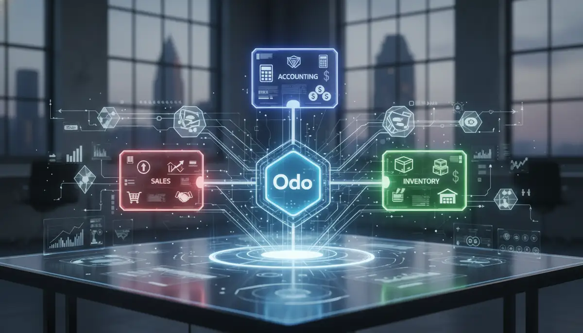 A visual representation of a growing startup, with interconnected modules like sales, inventory, and accounting, all flowing into a central 'Odoo' hub, illustrating scalability and integration.