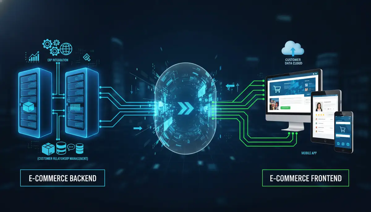 A visual representation of an ecommerce storefront's backend (ERP integration, inventory, CRM) connected to its frontend (website, customer interface), showing data flow.