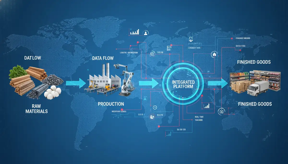 A visual representation of an integrated supply chain, showing raw materials flowing through production to finished goods, with data points connecting each stage.