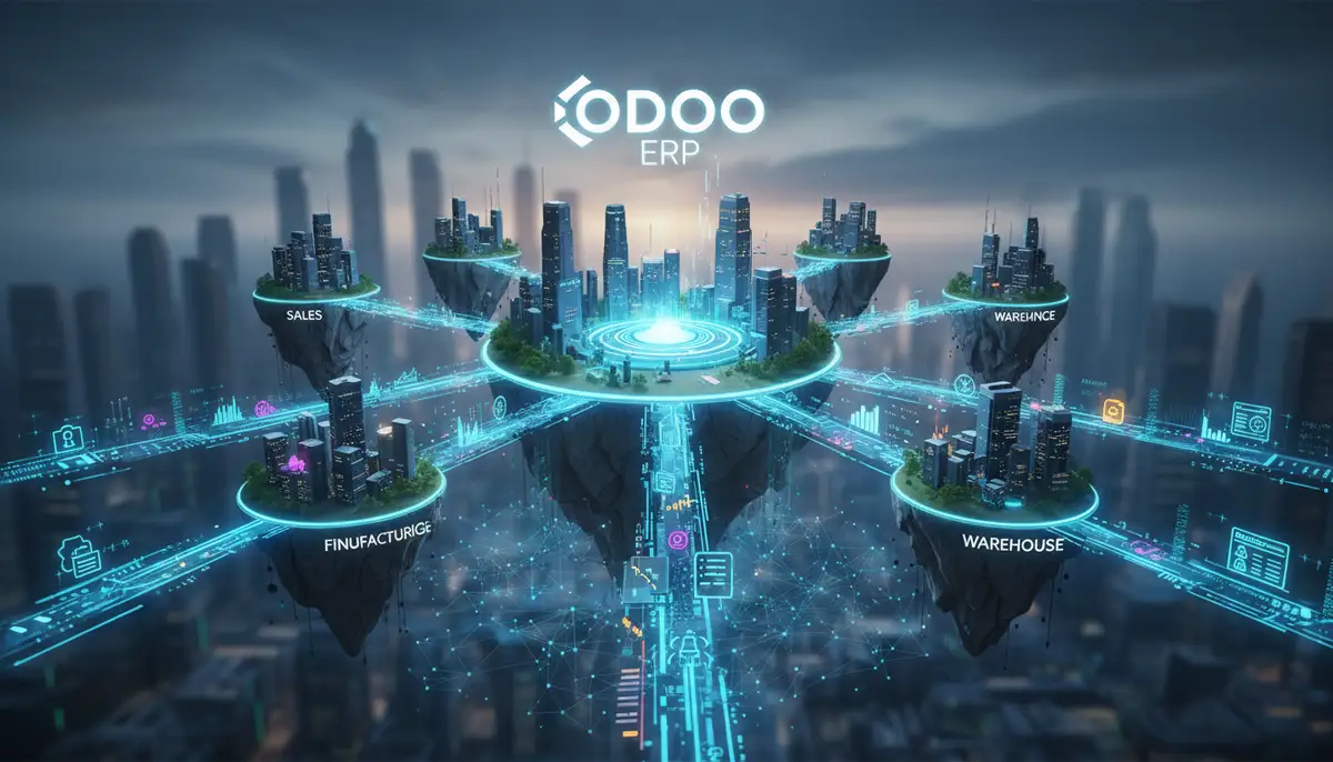 A visual representation of complex business processes being streamlined and integrated through Odoo ERP, with data flowing seamlessly between departments.