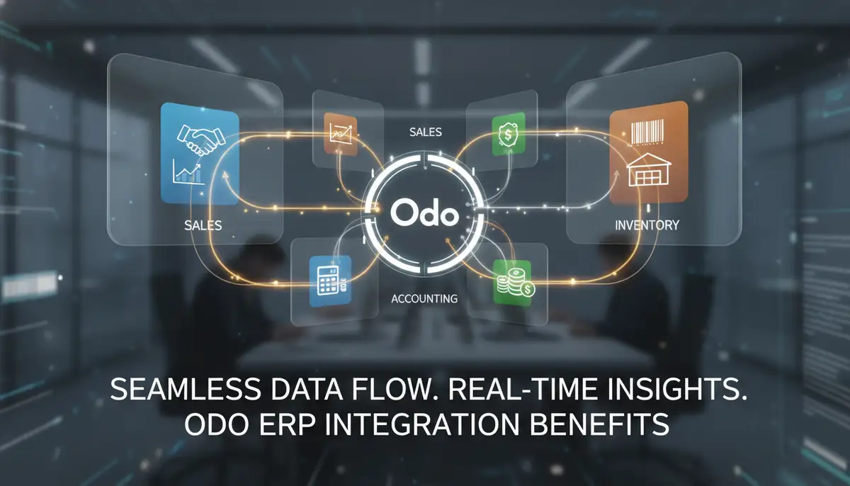 A visual representation of data flowing smoothly between different business departments (sales, accounting, inventory) within a unified Odoo system, highlighting the benefits of Odoo ERP integration.