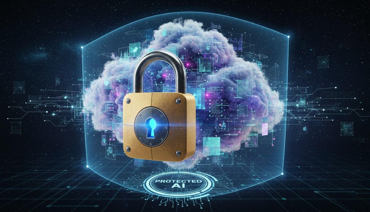 A visual representation of data privacy and security, with a padlock icon over a cloud of AI-generated content, emphasizing protection.