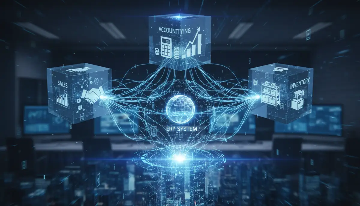 A visual representation of different business departments (sales, accounting, inventory) seamlessly connected by digital lines, symbolizing an ERP system.