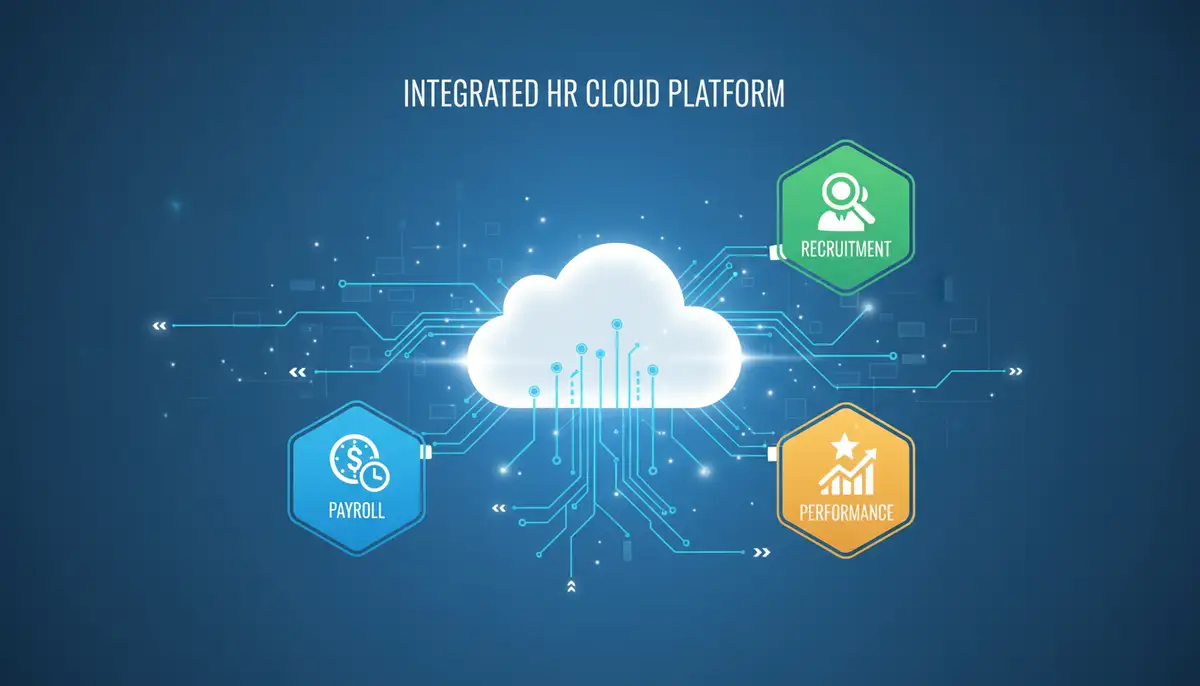 A visual representation of different HR modules (payroll, recruitment, performance) integrated into a single cloud platform, showing interconnectedness and data flow.