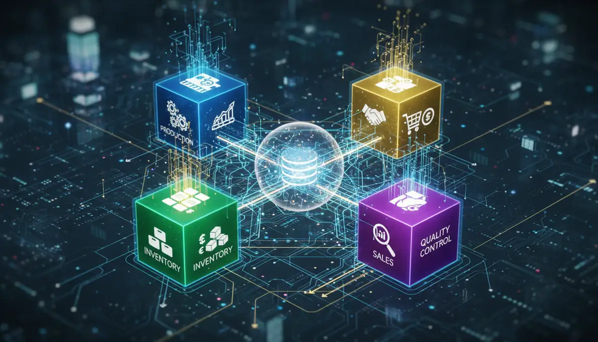 A visual representation of interconnected ERP modules: production, inventory, finance, sales, and quality control, showing seamless data flow.