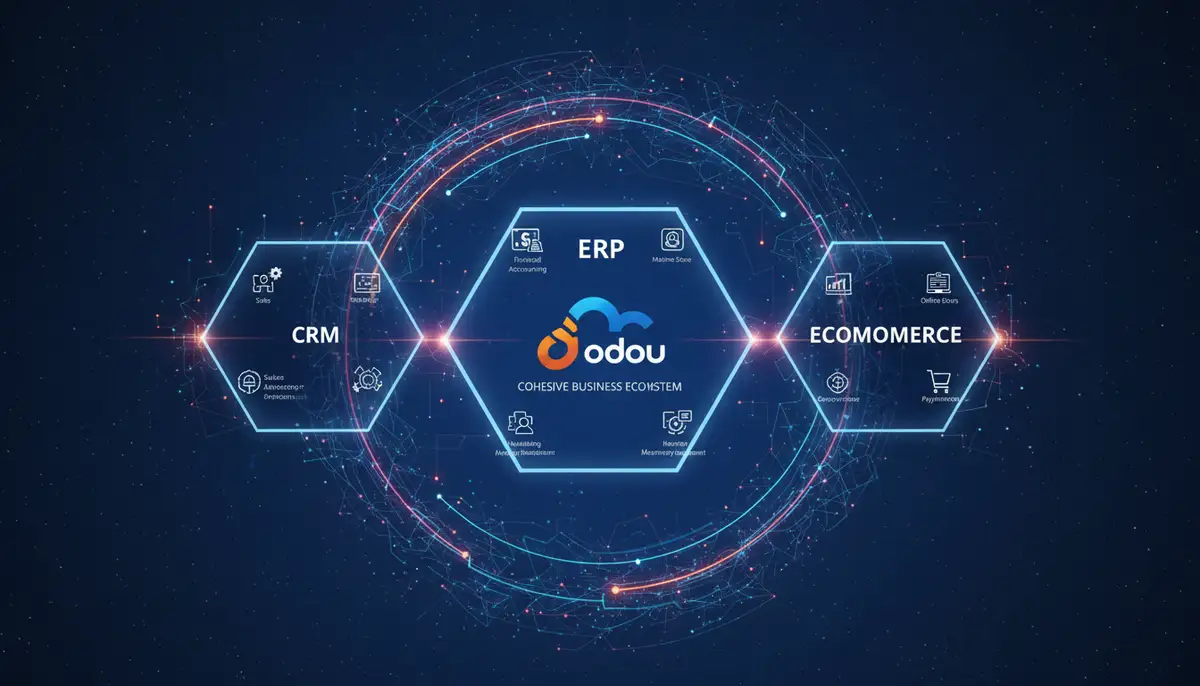 A visual representation of Odoo's integrated modules (ERP, CRM, Ecommerce) seamlessly connected, forming a cohesive business ecosystem.