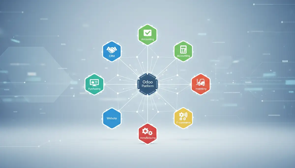 A visual representation of Odoo's modular architecture, with interconnected application icons like CRM, Accounting, Inventory, and Manufacturing, against a modern, clean background.