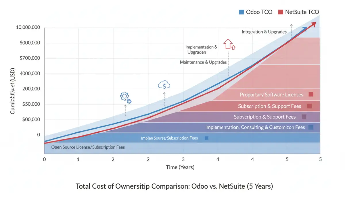 A visual representation of total cost of ownership (TCO) for Odoo and NetSuite, showing different cost components over time, perhaps with a rising graph for one and a more stable one for the other.