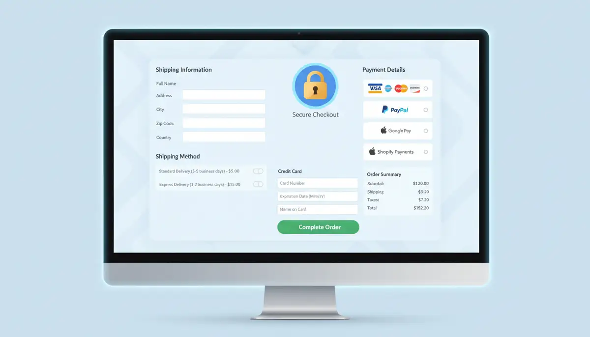 A visually appealing ecommerce website checkout page with various payment options and a secure padlock icon, representing a smooth customer journey.