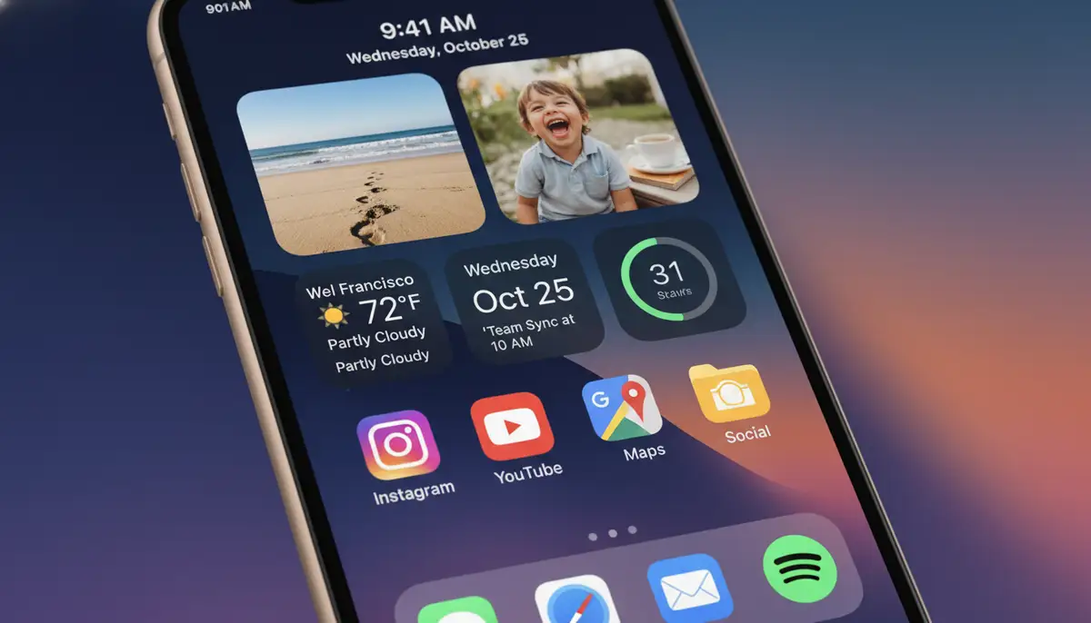 A visually striking iPhone home screen featuring a Smart Stack of photo widgets, seamlessly blending personal photos with other useful widgets, creating a dynamic and personalized layout., high-quality photography, professional lighting, sharp focus, realistic, detailed