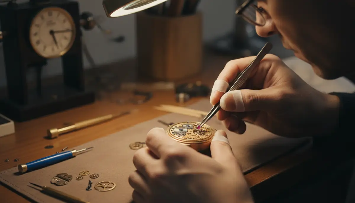 A watchmaker's hands carefully assembling tiny components of an analog watch movement using specialized tools, focus on precision and craftsmanship., high-quality photography, professional lighting, sharp focus, realistic, detailed