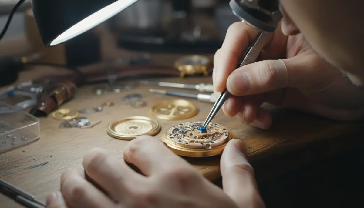 A watchmaker's hands carefully performing maintenance on an open automatic watch movement, showing intricate gears and springs., high-quality photography, professional lighting, sharp focus, realistic, detailed
