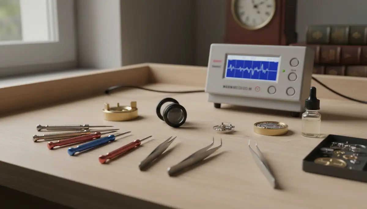 A watchmaker's toolkit laid out on a clean workbench, featuring tiny screwdrivers, tweezers, and a loupe, ready for watch regulation., high-quality photography, professional lighting, sharp focus, realistic, detailed