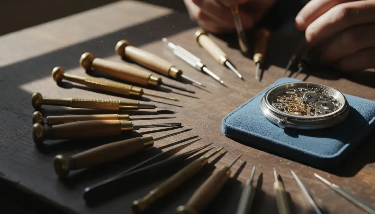 A watchmaker's tools laid out next to an open CS Collection automatic watch, highlighting the craftsmanship involved in assembly and maintenance., high-quality photography, professional lighting, sharp focus, realistic, detailed