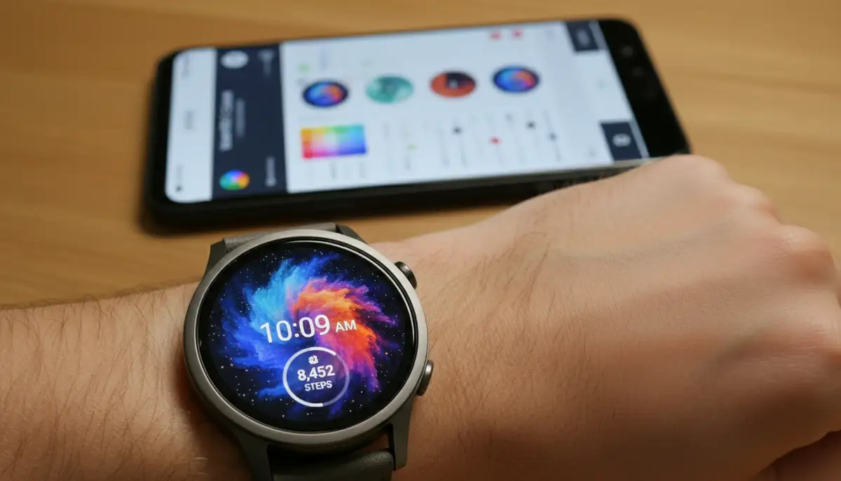 A Wear OS smartwatch displaying a vibrant, custom watch face, with an Android phone in the background showing the companion app interface., high-quality photography, professional lighting, sharp focus, realistic, detailed