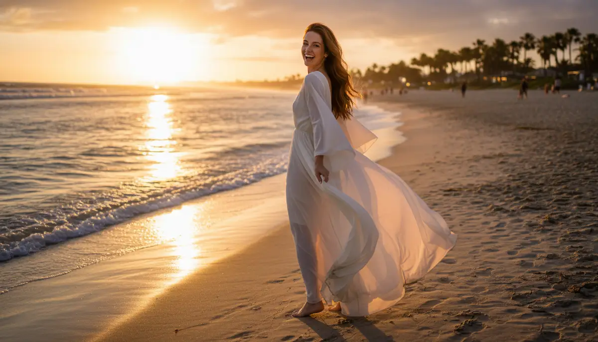 A woman in a flowy dress walking along the beach during golden hour, looking back at the camera with a joyful expression, soft lighting., high-quality photography, professional lighting, sharp focus, realistic, detailed