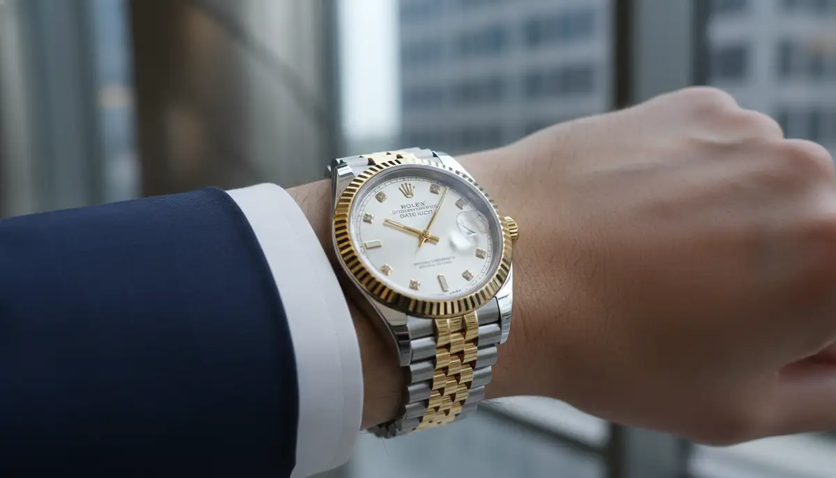 A wrist wearing a perfectly set and gleaming Rolex watch, with a modern, elegant backdrop, symbolizing precision and style., high-quality photography, professional lighting, sharp focus, realistic, detailed