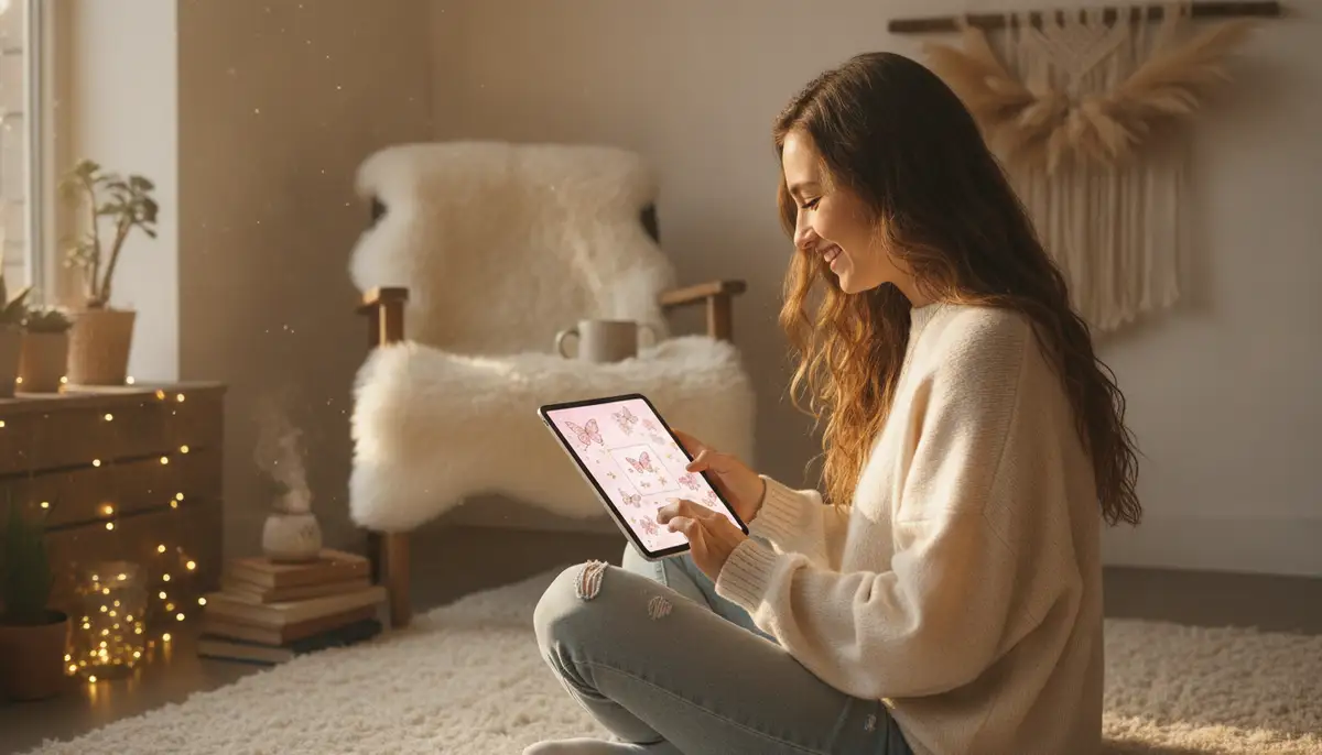 A young woman happily customizing her tablet with a new aesthetic girly wallpaper, surrounded by cozy decor, natural light., high-quality photography, professional lighting, sharp focus, realistic, detailed