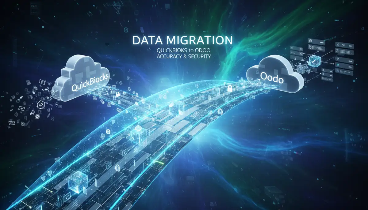 Abstract representation of data migration from QuickBooks to Odoo, with data packets flowing across a digital bridge, ensuring accuracy and security.