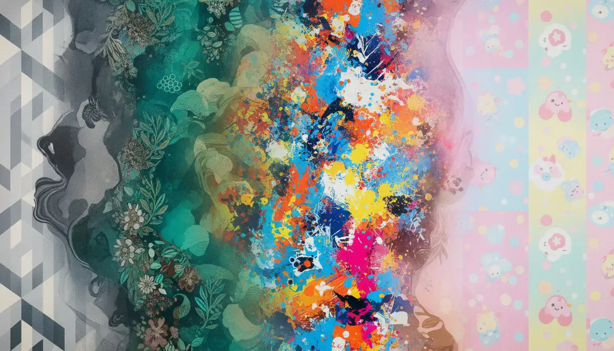 An abstract, artistic rendering of various wallpaper categories like minimalist, nature, abstract, and cute, flowing together on a digital canvas., high-quality photography, professional lighting, sharp focus, realistic, detailed