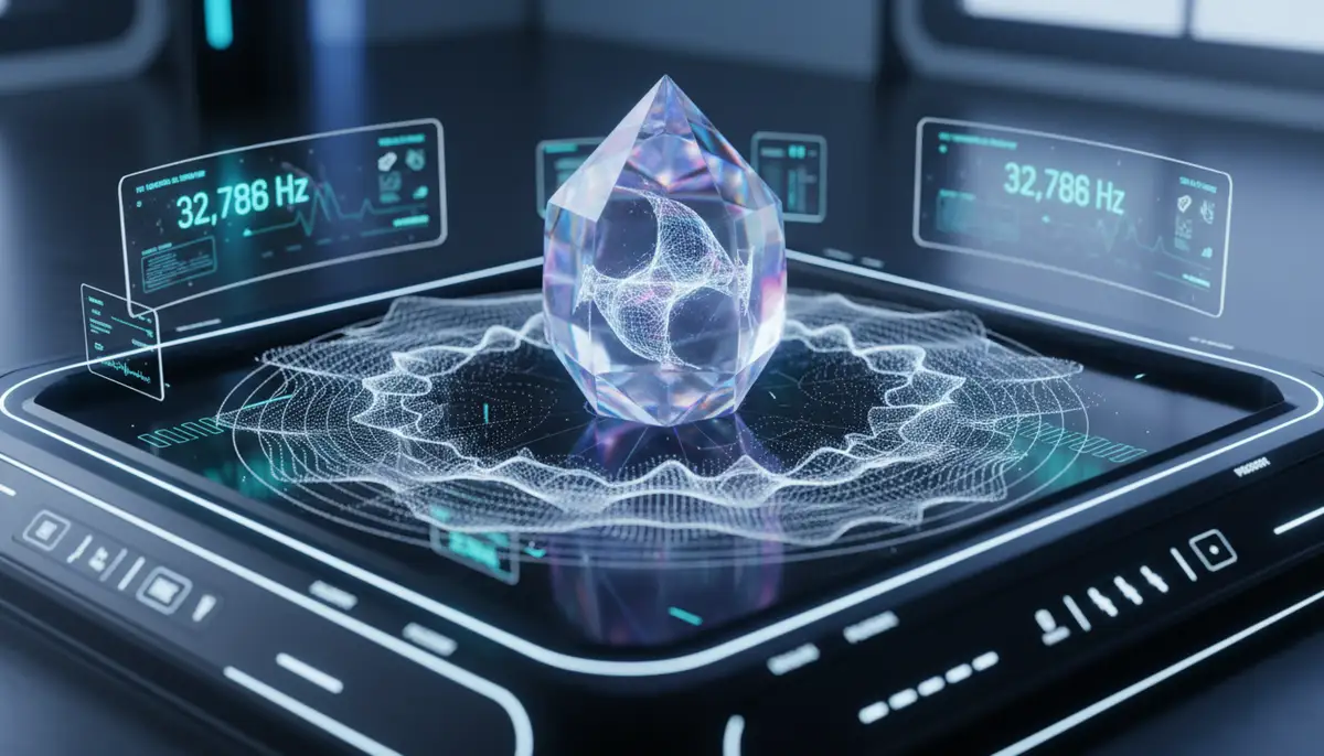 An abstract depiction of a quartz crystal vibrating at a high frequency, emitting precise waves, surrounded by digital readouts of 32,768 Hz, in a sleek, futuristic aesthetic., high-quality photography, professional lighting, sharp focus, realistic, detailed