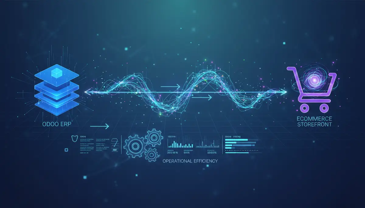 An abstract depiction of data flowing seamlessly between an Odoo ERP system and an ecommerce storefront, highlighting real-time synchronization and operational efficiency.