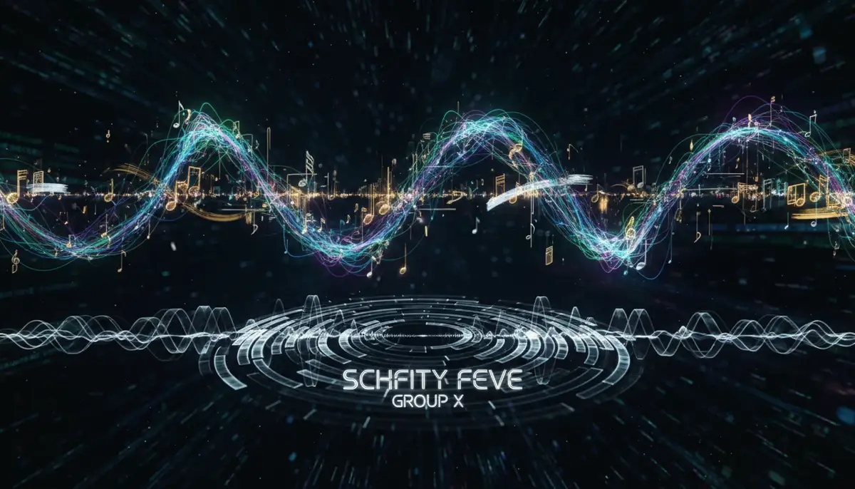 An abstract depiction of digital creativity and sound waves, symbolizing the musical and artistic influence of 'Schfifty Five' and Group X., high-quality photography, professional lighting, sharp focus, realistic, detailed