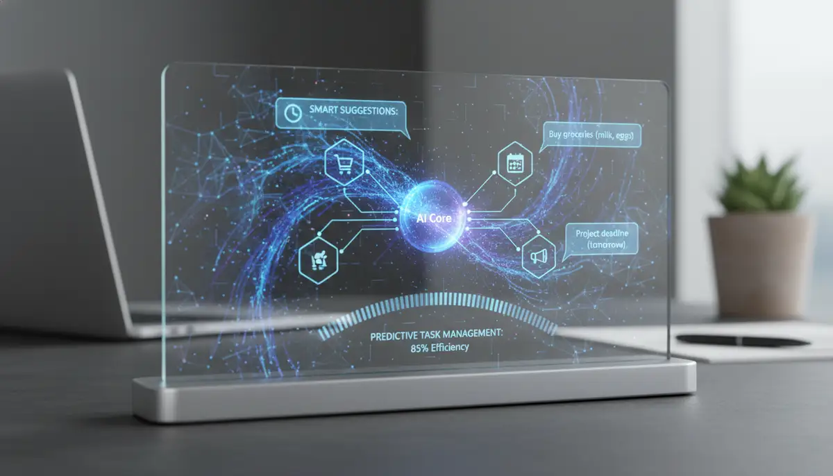 An abstract, futuristic interface showing data flow and smart suggestions for a reminders app widget, symbolizing AI integration and predictive task management., high-quality photography, professional lighting, sharp focus, realistic, detailed