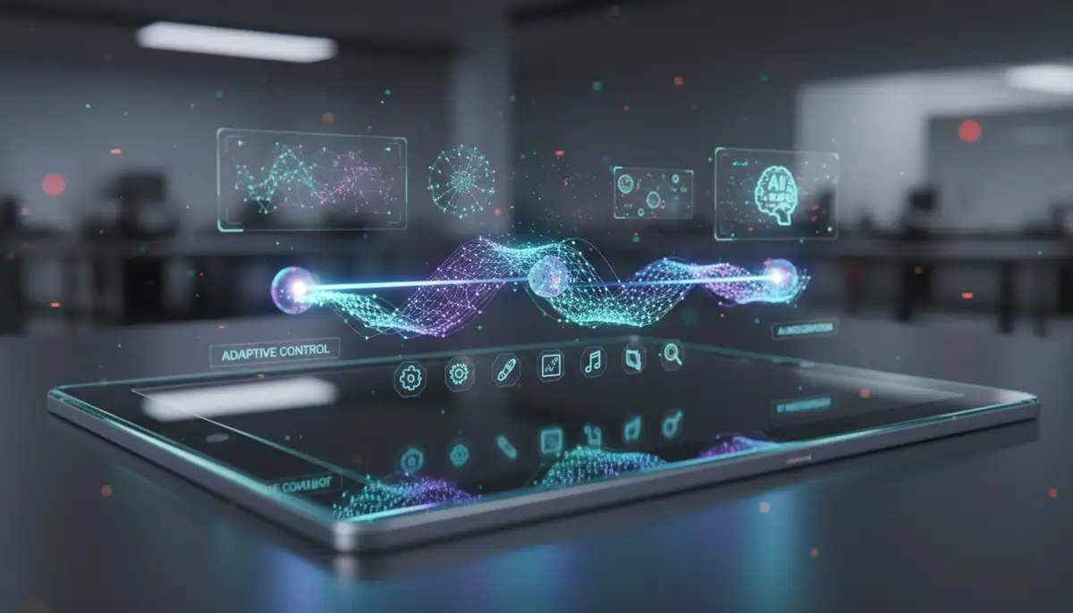 An abstract, futuristic representation of a slider widget with holographic elements, suggesting advanced customization and AI integration on a transparent device., high-quality photography, professional lighting, sharp focus, realistic, detailed