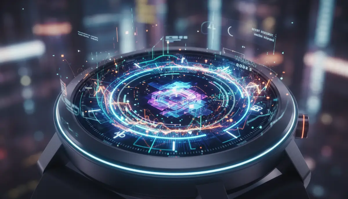 An abstract, futuristic representation of a smartwatch interface, with glowing lines and dynamic data points, symbolizing the evolution of watch face customization., high-quality photography, professional lighting, sharp focus, realistic, detailed