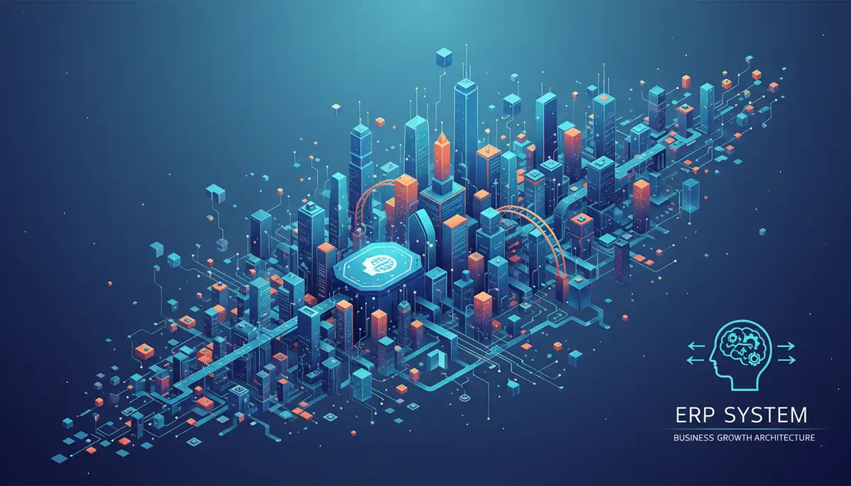 An abstract illustration depicting the concept of scalability, with small building blocks growing into a large, interconnected city, representing business growth supported by ERP.