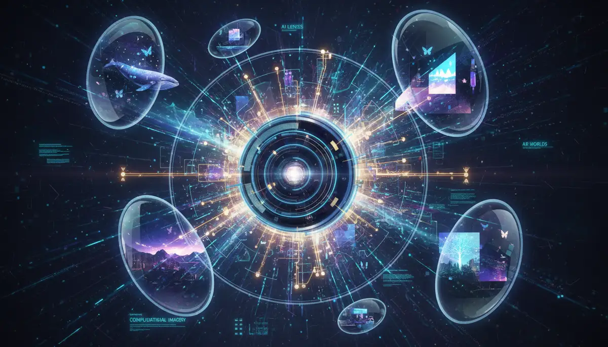 An abstract illustration representing the future of mobile photography, with AI-powered features, multi-lens integration, and augmented reality effects radiating from a stylized smartphone camera., high-quality photography, professional lighting, sharp focus, realistic, detailed