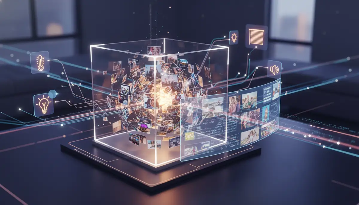 An abstract illustration representing the future of photo widgets: AI-powered photo curation, dynamic content, and seamless integration with other smart home elements., high-quality photography, professional lighting, sharp focus, realistic, detailed