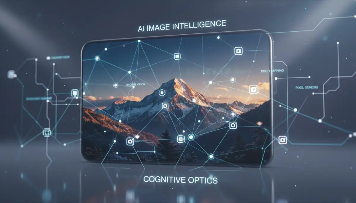 An abstract representation of AI and computational photography, with glowing neural networks overlaying a high-quality smartphone photo, illustrating intelligent image processing., high-quality photography, professional lighting, sharp focus, realistic, detailed