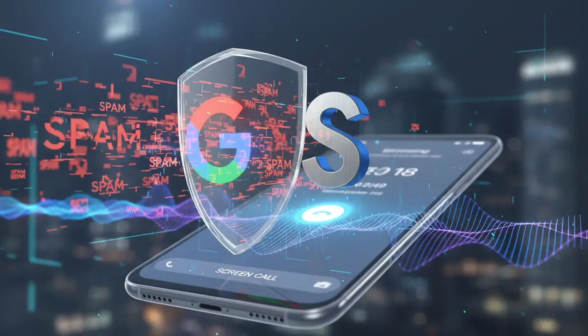 An abstract representation of AI-powered call screening, with a stylized 'G' icon for Google and a 'S' icon for Samsung, showing a shield protecting from spam calls, set against a futuristic phone interface., high-quality photography, professional lighting, sharp focus, realistic, detailed