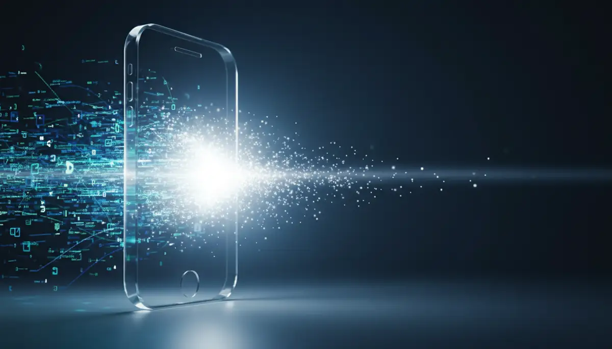 An abstract representation of data flowing and clearing, symbolizing clearing cache and data on a smartphone., high-quality photography, professional lighting, sharp focus, realistic, detailed
