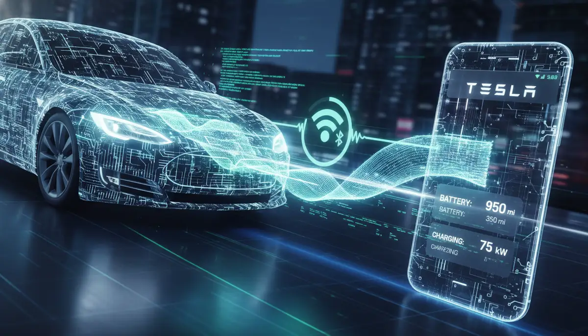 An abstract representation of data flowing from a Tesla car to an Android phone, symbolizing real-time updates and seamless connectivity for a Tesla widget android., high-quality photography, professional lighting, sharp focus, realistic, detailed