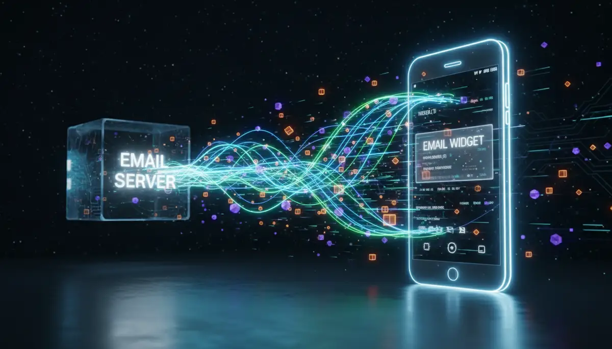 An abstract representation of data flowing from an email server to an Android phone, illustrating the real-time updates of an email widget, with glowing lines and digital elements., high-quality photography, professional lighting, sharp focus, realistic, detailed