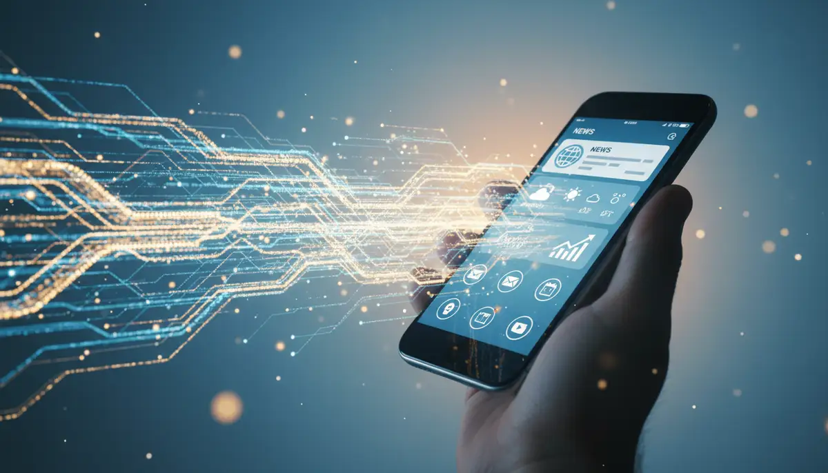 An abstract representation of data flowing into a smartphone screen, illustrating how widgets provide 'information at a glance' with various icons for news, weather, and stock updates., high-quality photography, professional lighting, sharp focus, realistic, detailed