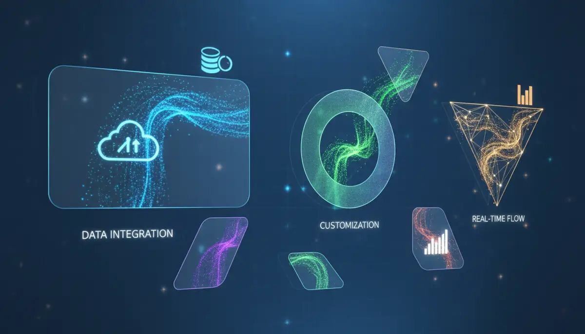 An abstract representation of data flowing into different widget shapes on a digital interface, illustrating data integration and customization options., high-quality photography, professional lighting, sharp focus, realistic, detailed