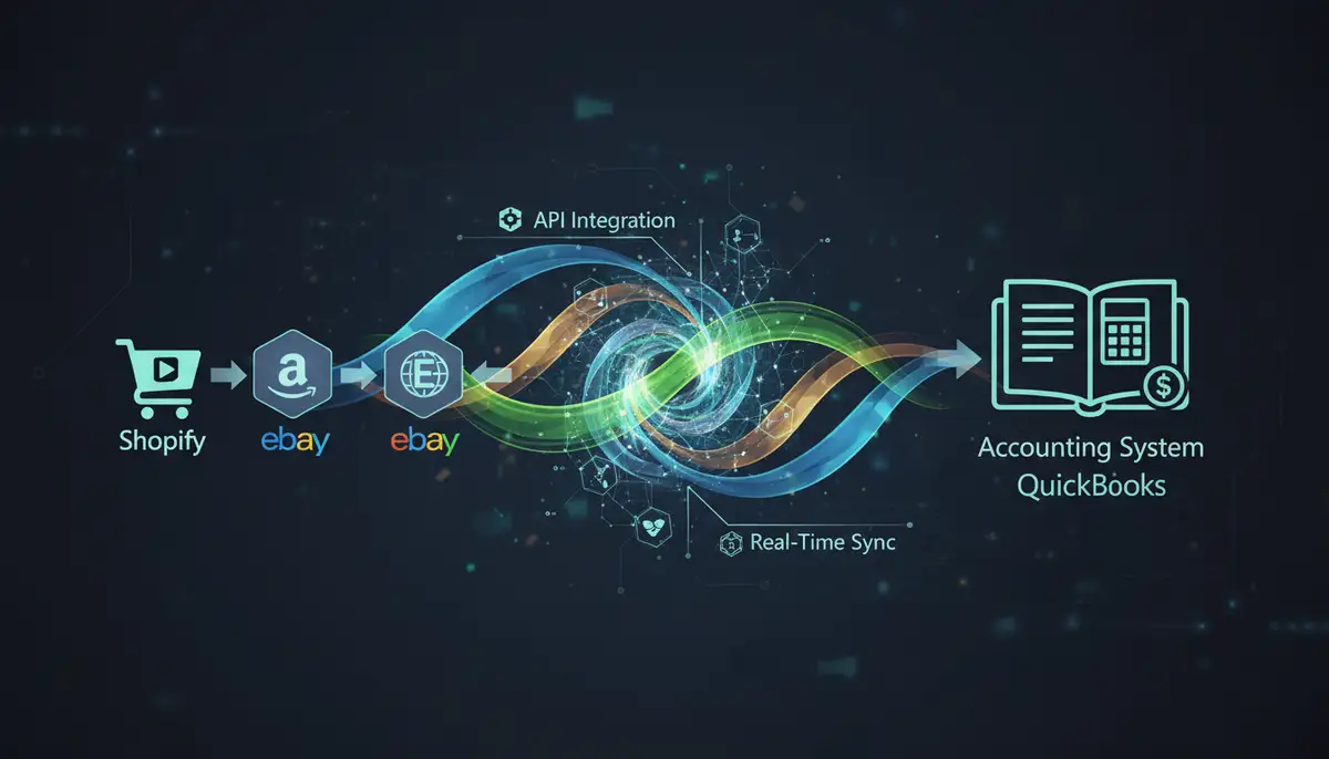 An abstract representation of data flowing seamlessly between different ecommerce platforms and an accounting system, highlighting integration.