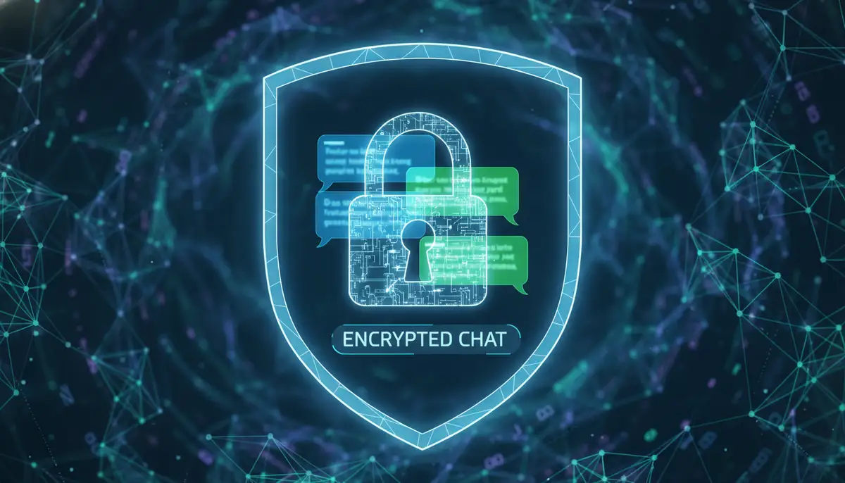 An abstract representation of data security and privacy, with a padlock icon over text messages, emphasizing encrypted communication within an Android app., high-quality photography, professional lighting, sharp focus, realistic, detailed