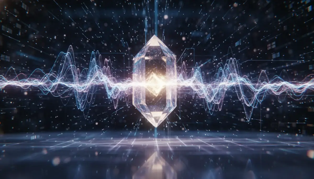 An abstract representation of sound waves or electrical impulses emanating from a glowing quartz crystal, symbolizing its precision and power source., high-quality photography, professional lighting, sharp focus, realistic, detailed