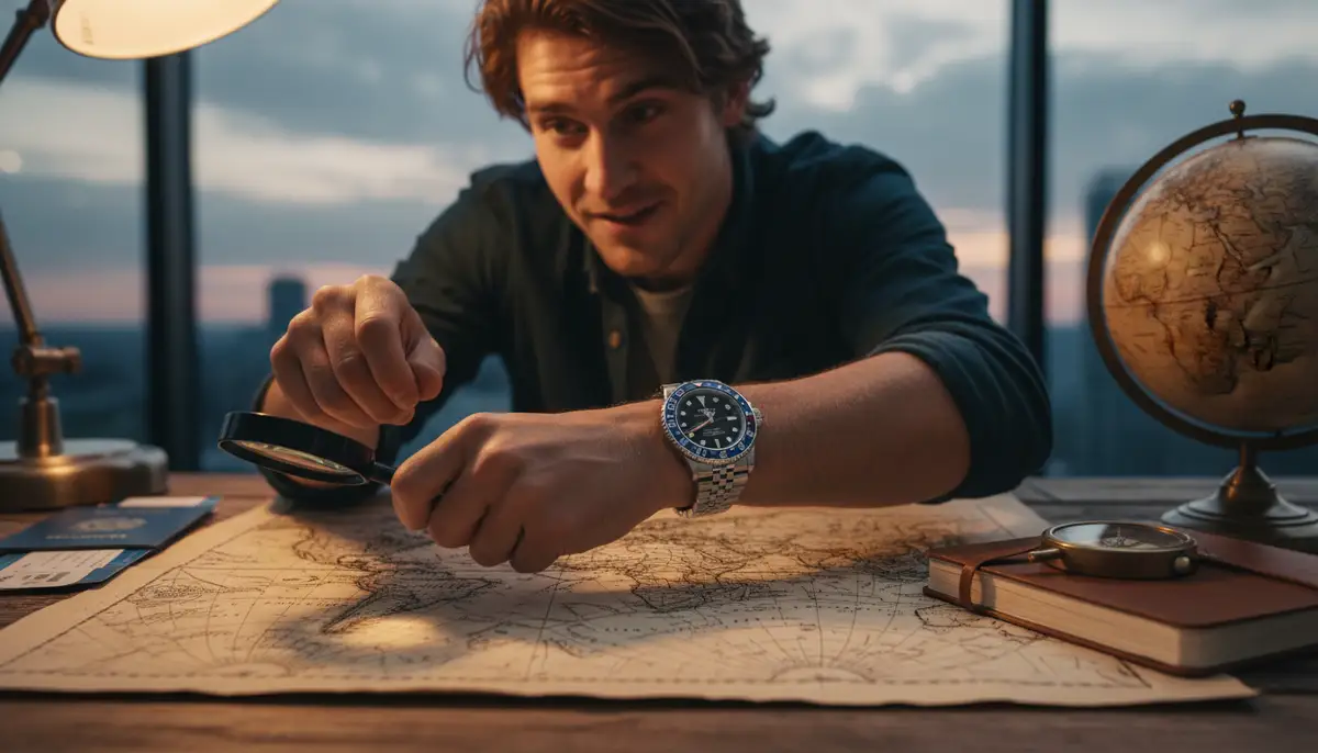 An action shot of a person wearing a Rolex GMT-Master II while looking at a world map, suggesting travel and global connectivity., high-quality photography, professional lighting, sharp focus, realistic, detailed