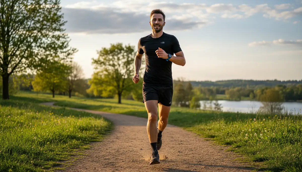 An active person running outdoors, wearing an Apple Watch with a durable sport loop strap, sweat glistening, with a scenic park or trail in the background, dynamic and energetic., high-quality photography, professional lighting, sharp focus, realistic, detailed